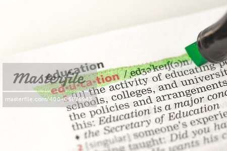 Education definition highlighted in green in the dictionary