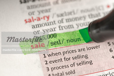 Sale definition highlighted in green in the dictionary