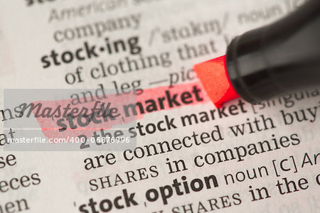 Stock market definition highlighted in red in the dictionary
