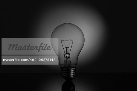 Big light bulb standing on reflective surface in black and white