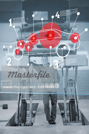 Confident mechanic standing under futuristic interface with car diagram and statistics in black and white