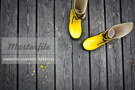 Two yellow boots with yellow flowers beside.