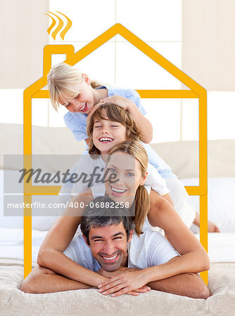 Family having fun doing a giant piggyback over house representation in yellow