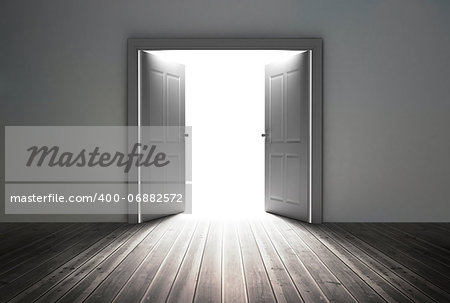 Doorway revealing bright light in dull grey room