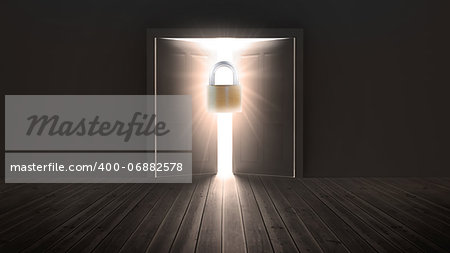 Padlock guarding door to bright light in the darkness