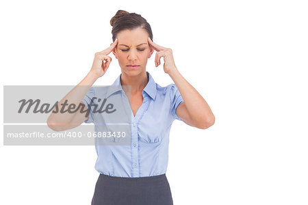 Thinking businesswoman with closed eyes on a white background
