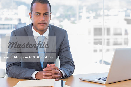 Handsome businessman posing at his desk in his office