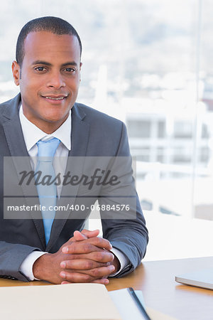 Cheerful businessman posing at his desk in his office