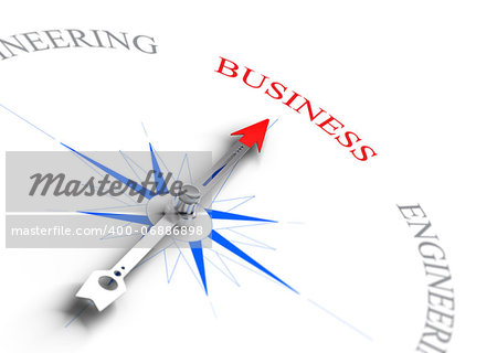 Arrow of a compass pointing the word business. Concept image suitable for professional guidance or school orientation. 3D render with depth of field effect