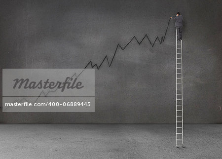 Businessman standing on a giant ladder and writing a black chart on grey wall