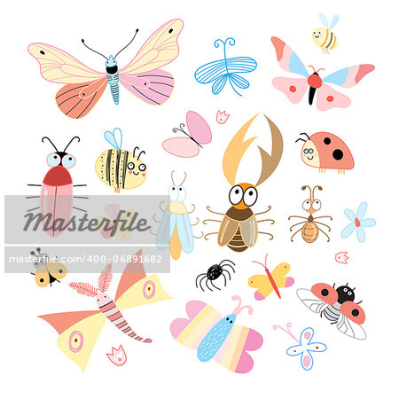 set of funny colored insects on a white background