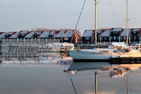 yachts on marina at sunrise in Groningen, Netherlands
