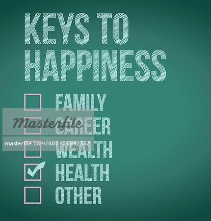 health. keys to happiness illustration design over a blackboard