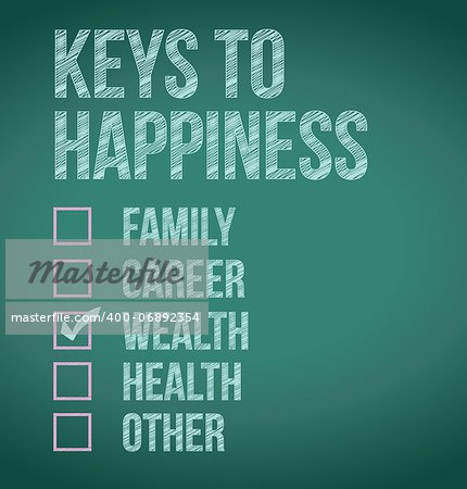 wealth. keys to happiness illustration design over a blackboard