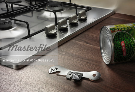 can opener with blood group written on it in a kitchen