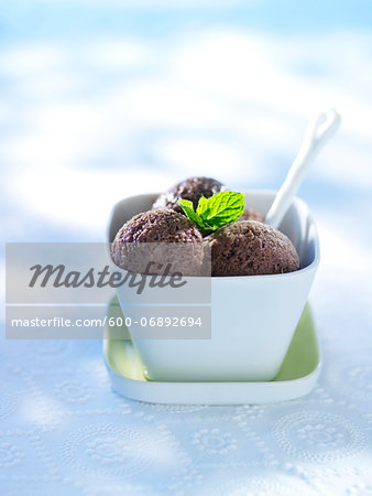 Chocolate Sorbet with Mint Garnish, Studio Shot Chocolate Sorbet with Mint Garnish, Studio Shot