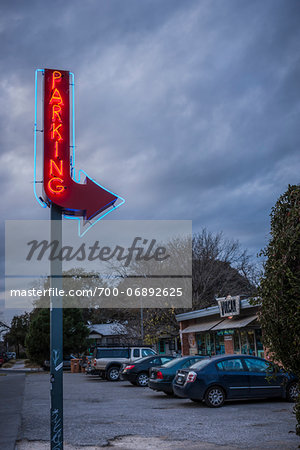 Neon parking sign, Austin Texas, USA