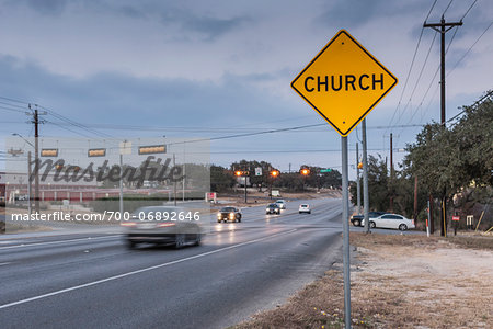 Sign by the side of the highway saying "Church", Austin, Texas, USA Sign by the side of the highway saying "Church", Austin, Texas, USA