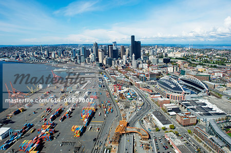 Aerial view of shipping harbour, Seattle, Washington State, USA