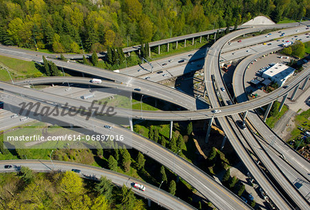 Aerial view of highway flyovers, Seattle, Washington State, USA