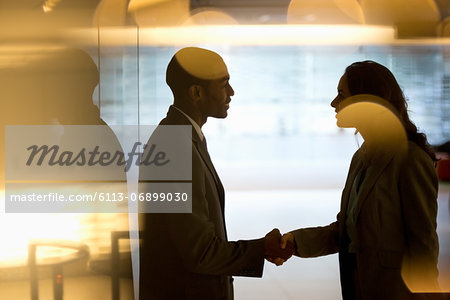 Businessman and businesswoman handshaking in lobby