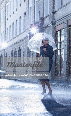 Businesswoman under umbrella in rainy street