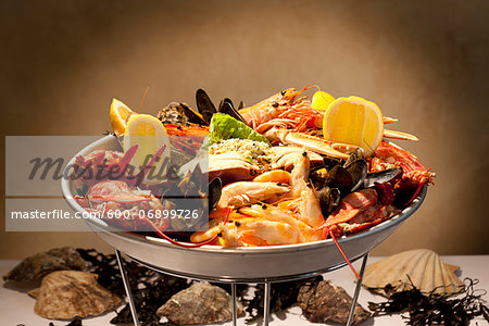 Variety of Seafood on Serving Plate, Studio Shot