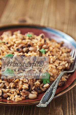 Rice and black eyed peas with cumin and mustard seeds topped with fresh cilantro