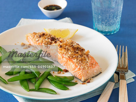 Salmon Fillet with Walnut Crust and Fresh Pea Pods