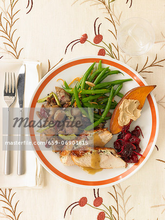 Thanksgiving Plate with Turkey, Pecan Cherry Stuffing, Green Beans, Sweet Potato and Cranberry Sauce