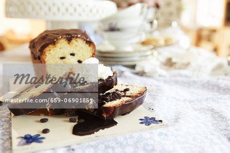 Chocolate chip loaf cake with chocolate glaze