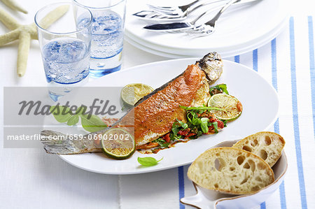 Trout stuffed with red pesto and rocket