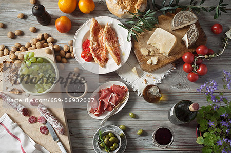 A still life of Mediterranean foodstuffs