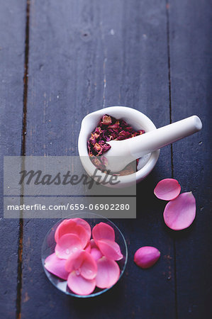 Rose petals with a mortar