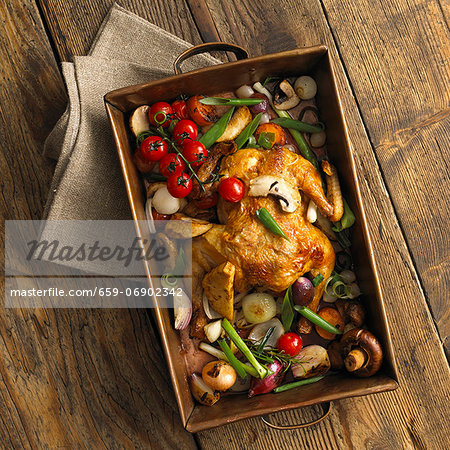 Simple but delicious: chicken with oven roasted vegetables (top view)