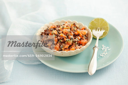 Smoked salmon and lentil tartar with passion fruit