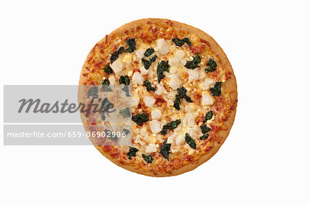 Whole Spinach and Feta Cheese Pizza on a White Background; From Above