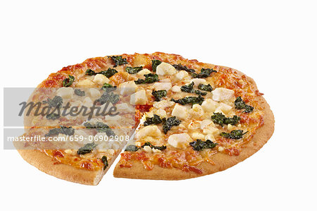 Spinach and Feta Cheese Pizza Sliced Once on a White Background