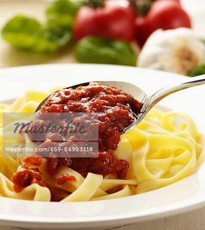 Ribbon pasta with tomato and garlic sauce