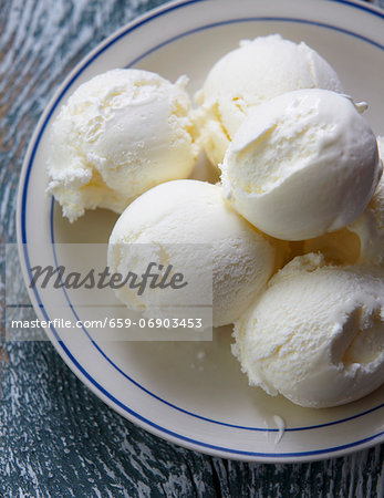 Several scoops of vanilla ice cream on a plate (view from above)