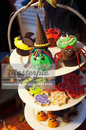 Festive Halloween Sweets on a Three Tiered Serving Platter