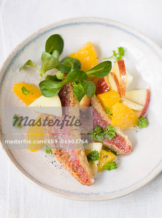 Red mullet with lamb's lettuce, asparagus and orange and apple pieces