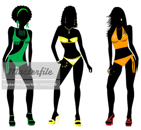 Vector Illustration of three different swimsuit silhouette women in bikini, tankini and monokini swimwear.