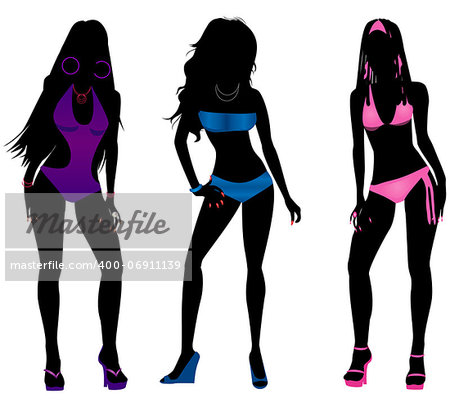Vector Illustration of three different swimsuit silhouette women in bikini and monokini swimwear.