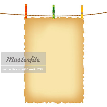Old paper background and clothes pins with rope. Contains a gradient mesh.. Also available as a Vector in Adobe illustrator EPS format, compressed in a zip file. The vector version be scaled to any size without loss of quality.