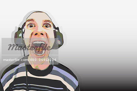 The man in the big headphones loud singing - vector