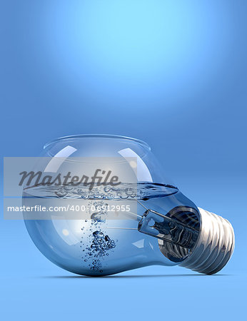 Incandescent light bulb filled with liquid on blue background