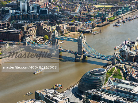 Tower Bridge and London City Hall aerial view, England, UK