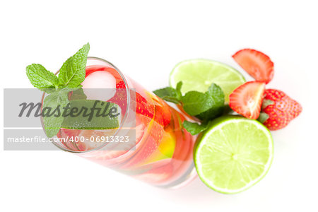 Cocktail collection: Strawberry mojito with lime and mint isolated on white background. Small DOF