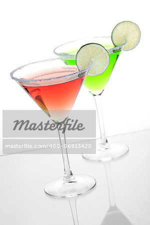 Cocktail collection - Cosmopolitan and mint alcohol cocktails. Isolated on white background